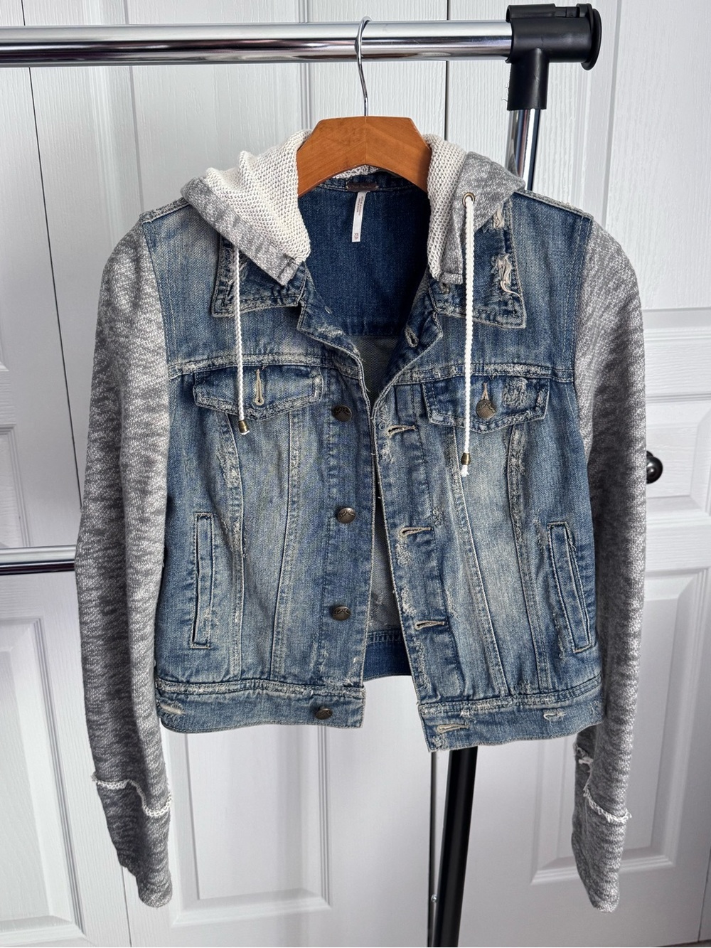 Free People Denim Jacket with Gray Knit Hood & Sleeves
